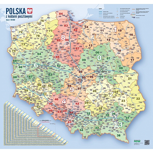 MAPA ŚCIENNA POLSKI – KODÓW POCZTOWYCH 1:750 000