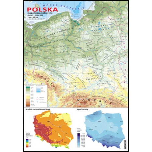 Polska - mapa hipsometryczna + mapki temperatury i opadów
