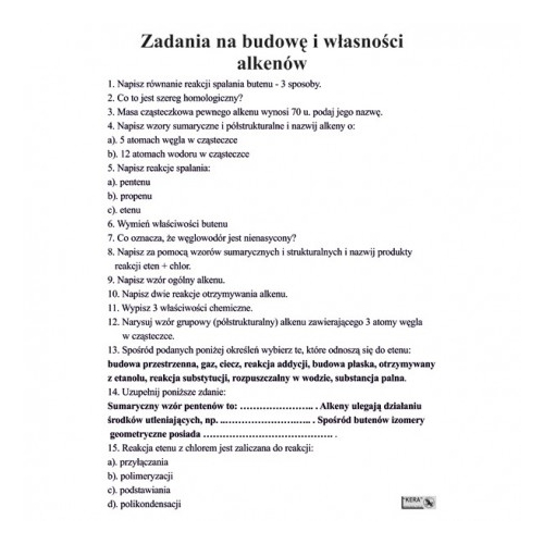 Zadania na budowę i właściwości alkenów