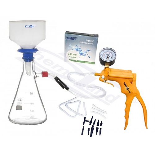Zestaw do filtracji prózniowej Buchnera poj. kolby 00500ml, króciec PP, sączki jakościowe średnie 090 mm